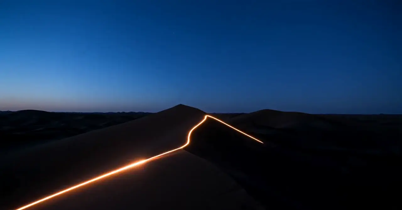 dark desert dune ridges at blue hour, a hairline of warm champagne light tracing the crests like a signal line, one pulse glowing warm orange
